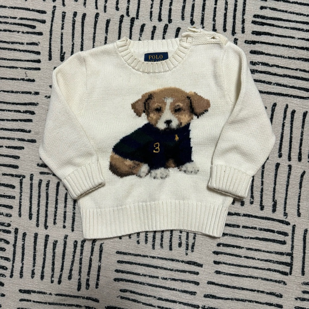 Polo Ralph Lauren White Cotton Sweater Jumper with Puppy 18m